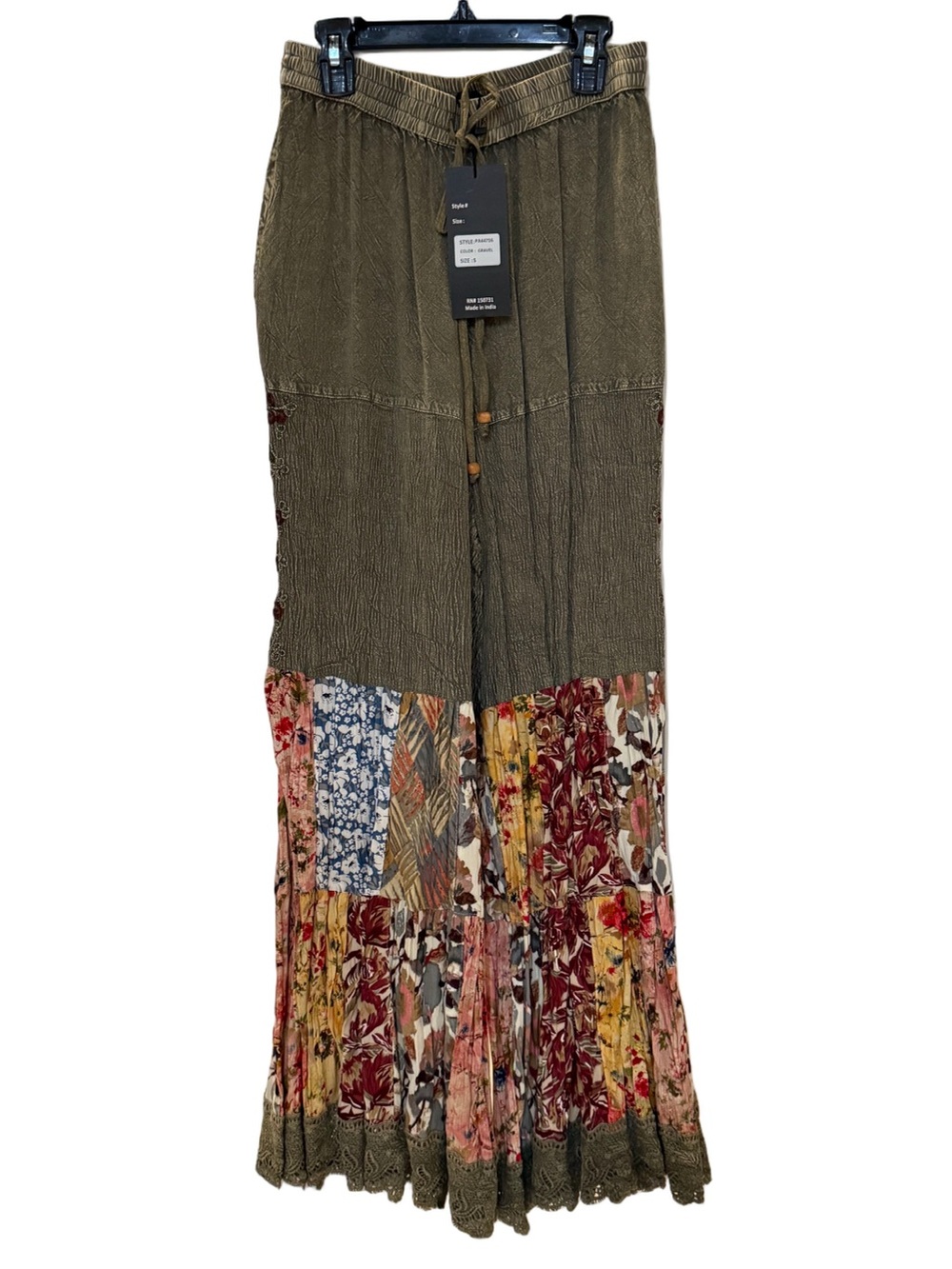 YOUNG THREADS Women’s (Gravel) Patchwork Embroidered Mineral Wash Wide Leg Pants - Picture 7 of 8